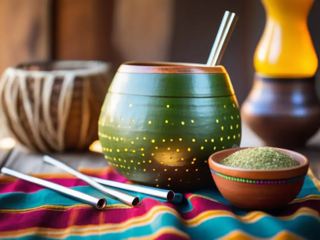 Tradición del mate en la región: Yerba mate vintage, bombillas coloridas y tereré refrescante en una escena evocadora