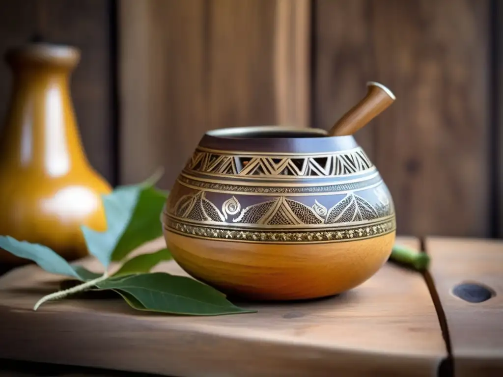 Mate vintage con diseño tallado en madera y tradicional bombilla, rodeado de una hermosa escena de ceremonia de mate