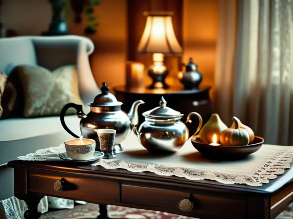 Tradición del mate en la región, sala de estar vintage con encanto antiguo, mesa de café de madera con mantel de encaje, mate y bombilla de plata junto a tetera vintage con agua caliente