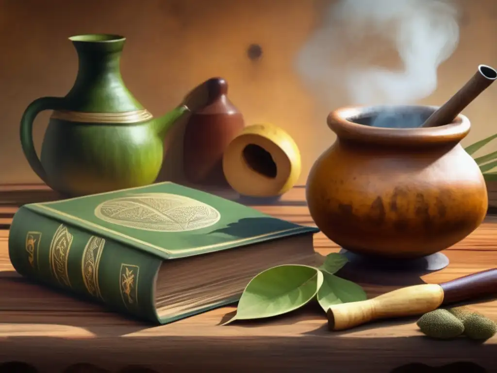 Tradición del mate en la región: pintura vintage de escena tranquila con mate y libro bajo ceibo, galería de arte de fondo