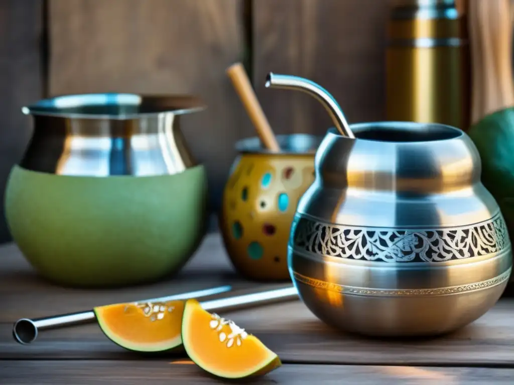 Mate vintage con gourd grabado y infusión de frutas - Técnicas modernas cebado mate tradicional