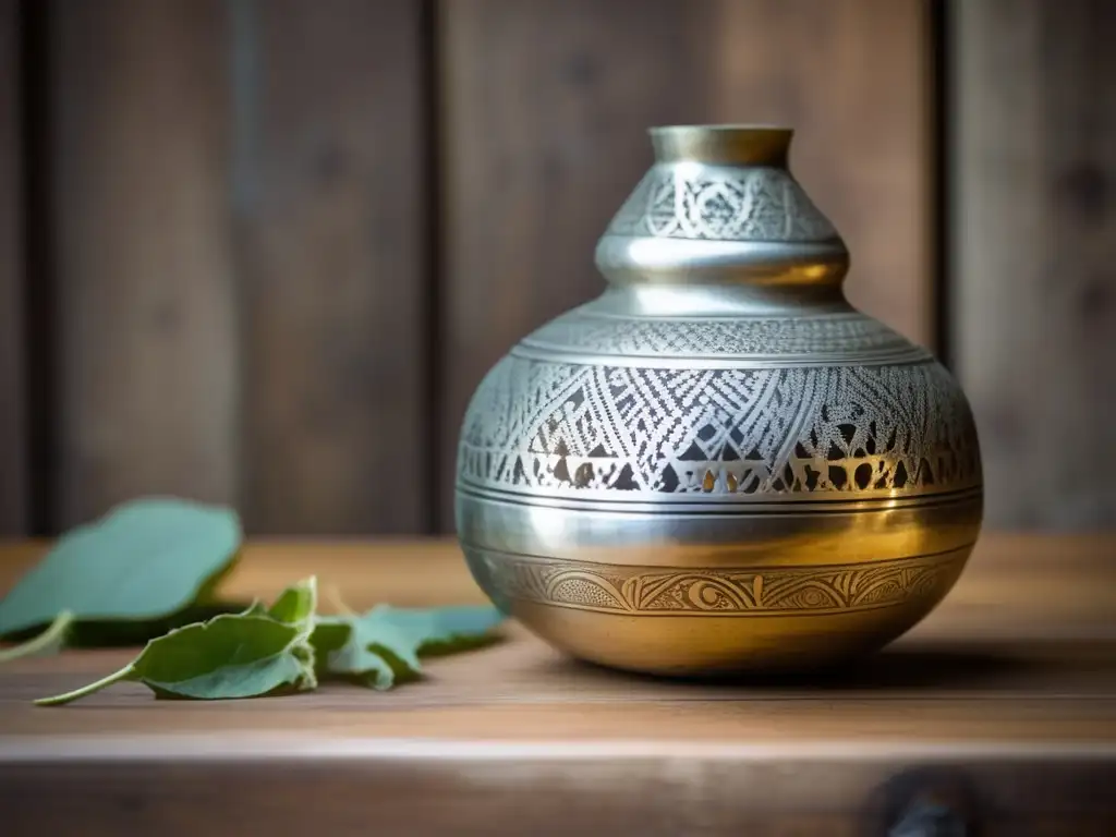 Mate vintage grabado con patrones tradicionales, sobre mesa de madera