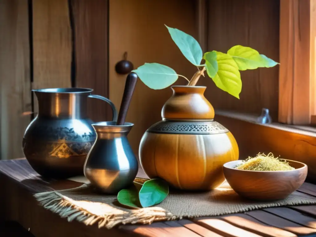 Tradición del mate en la región: escena vintage de preparación de mate con gourd, bombilla y yerba mate en mesa de madera