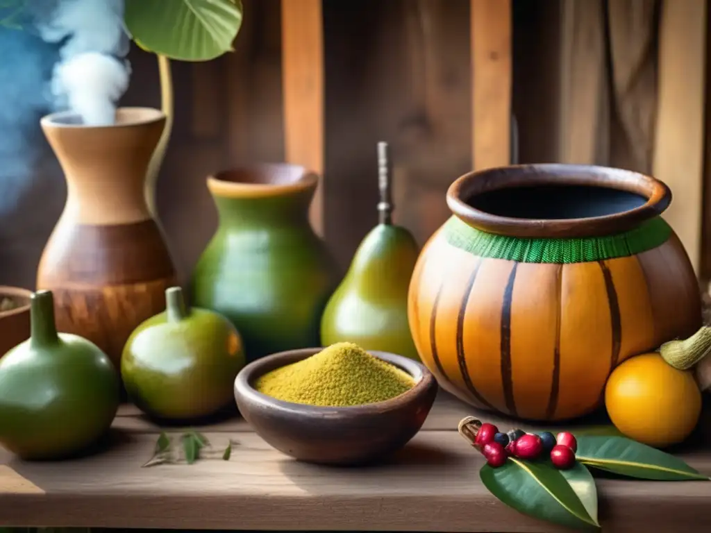 Tradición del mate en Brasil: ceremonia vintage de mate en el campo con gourd, bombilla y paisaje pintoresco