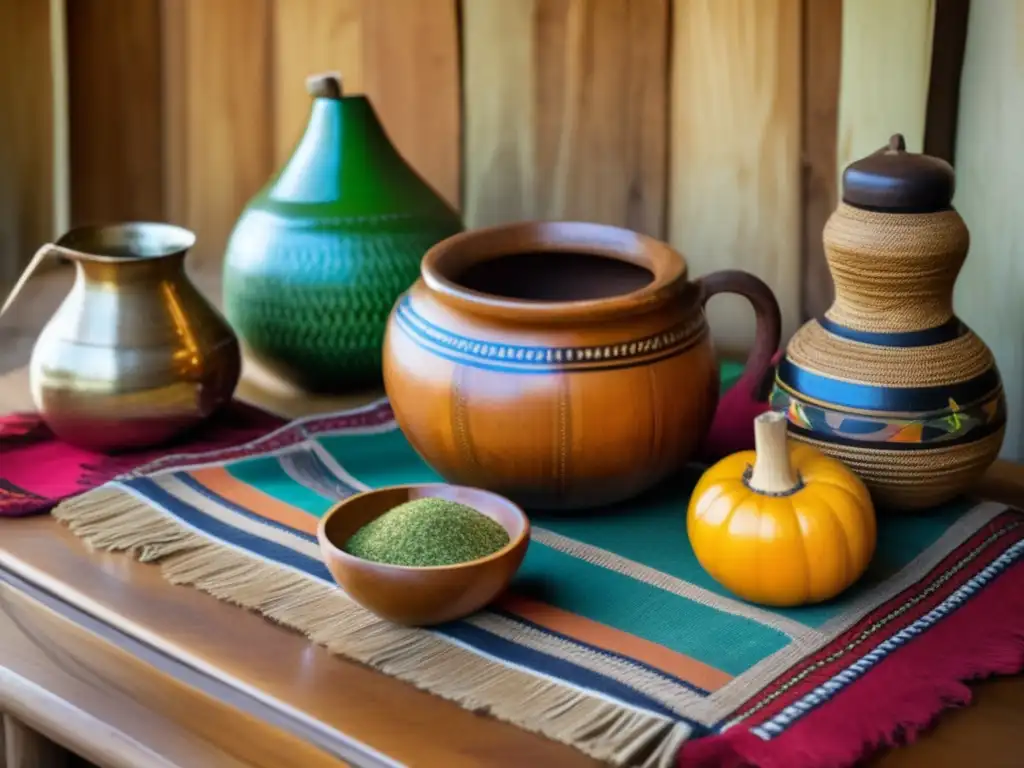 Tradición del mate en Uruguay: escena vintage de preparación de mate con mesa de madera, mantel tejido y mate tallado con bombilla de plata