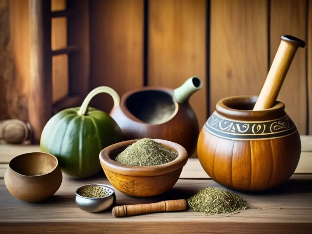 Tradición del mate en la región: Escena vintage de preparación de mate con mesa de madera rústica, mate gourd desgastado, bombilla tallada y mano añadiendo agua caliente