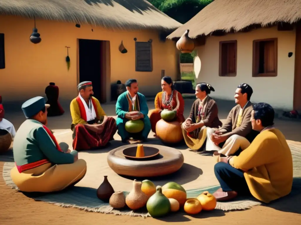 Tradición del mate en la región: Ceremonia vintage de mate, personas disfrutando en círculo con gourd, bombilla y yerba mate