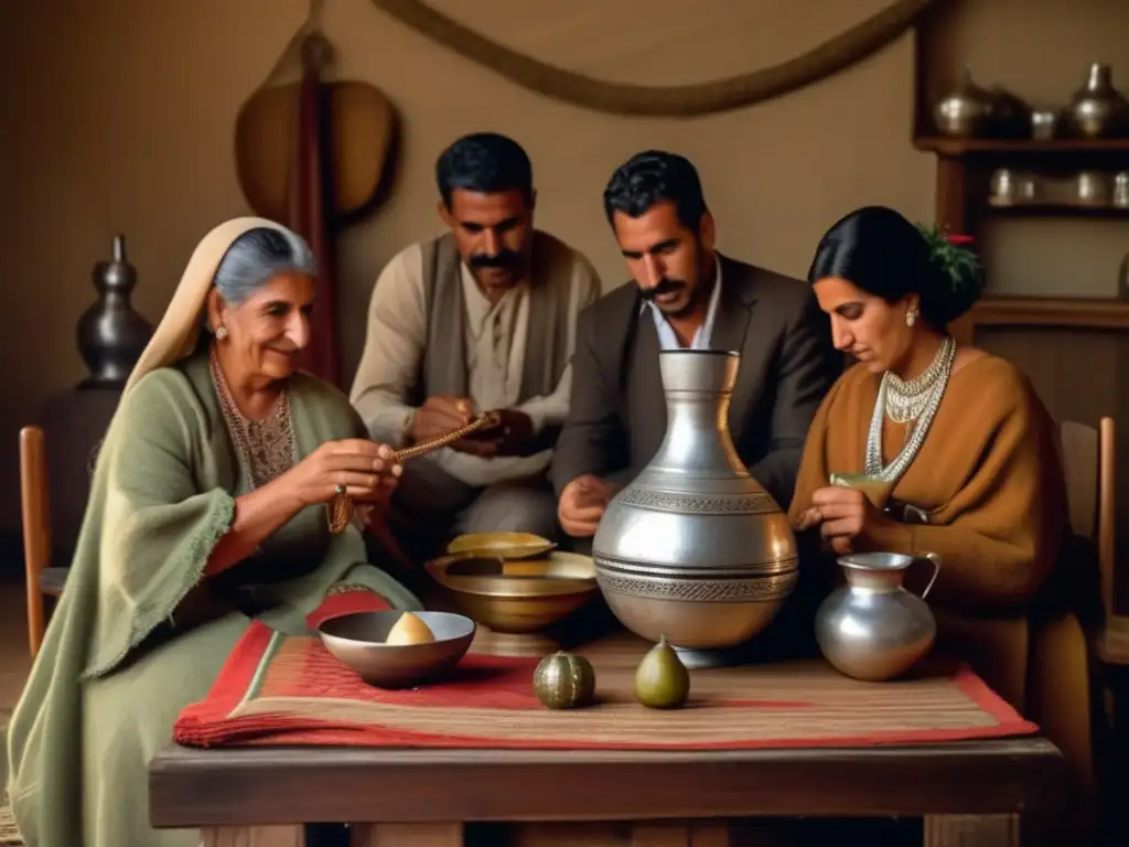 Tradición del mate en Uruguay: Ceremonia vintage de mate con decoración rústica, gente vestida tradicionalmente y aroma irresistible