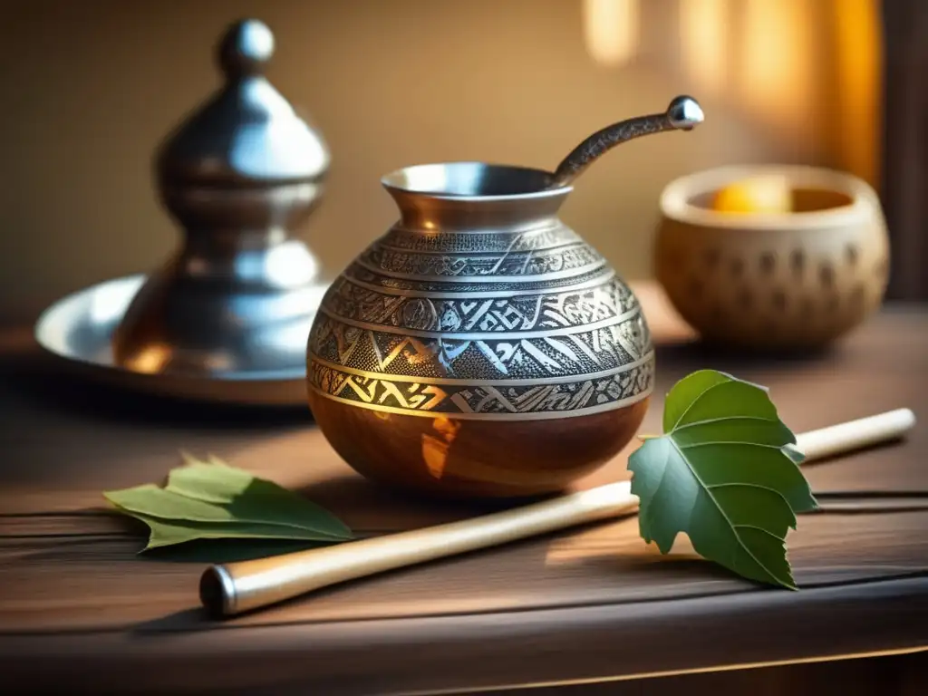 Tradición del mate en la región: escena vintage de preparación del mate con gourd tallado a mano, yerba mate y bombilla de plata