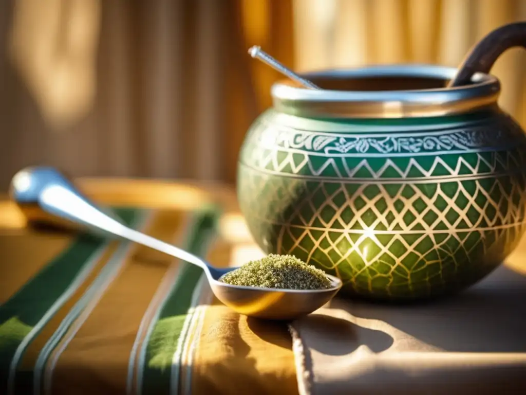 Tradición del mate en Brasil: imagen vintage de una mate con yerba mate, bombilla de plata y cucharita de azúcar en un mantel estampado