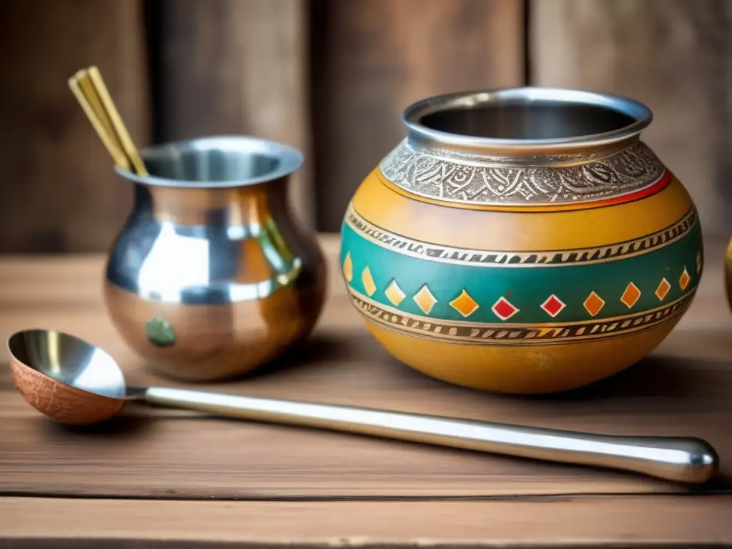 Mate vintage en mesa de madera rústica - Tradición del mate en el arte