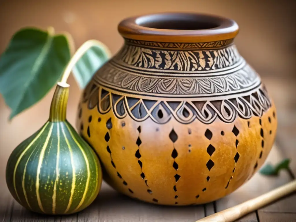 Mate gourd vintage con patrones tallados a mano, hojas de yerba mate y bombilla tradicional