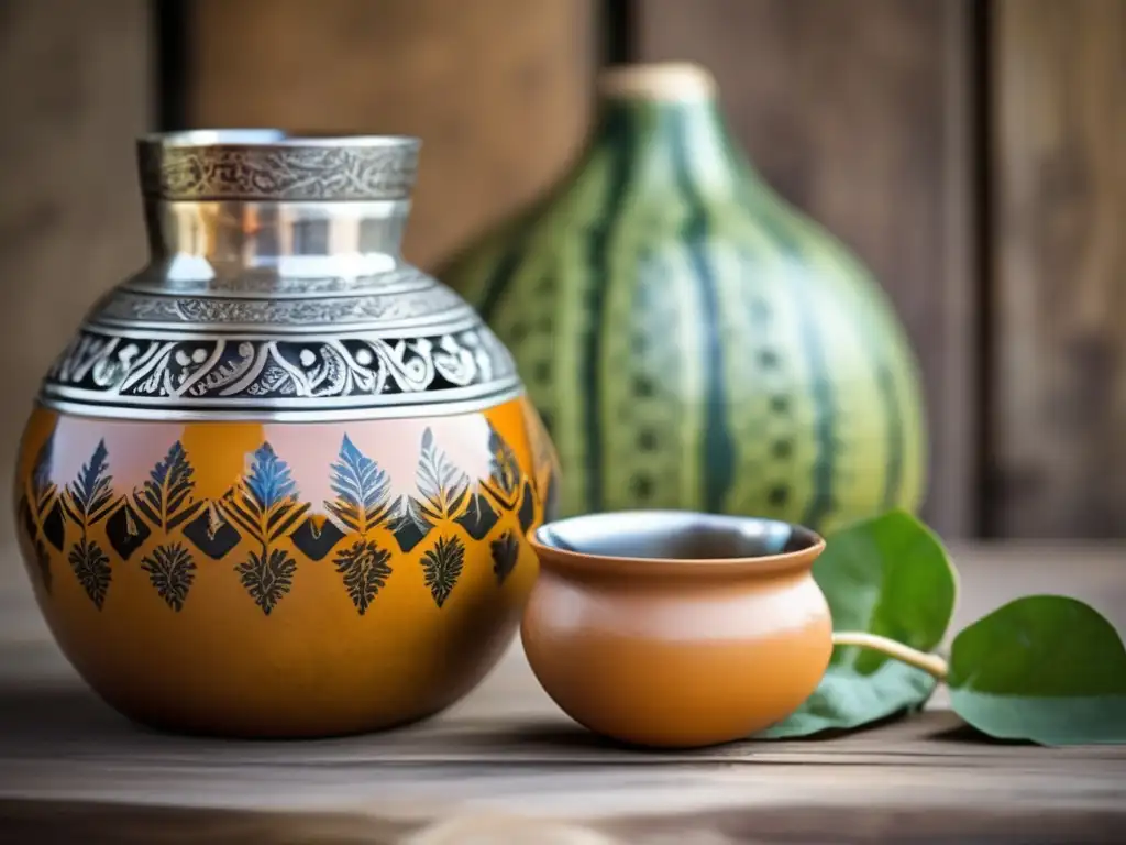 Un mate gourd vintage con yerba mate, bombilla de plata y detalles tradicionales en una mesa rústica