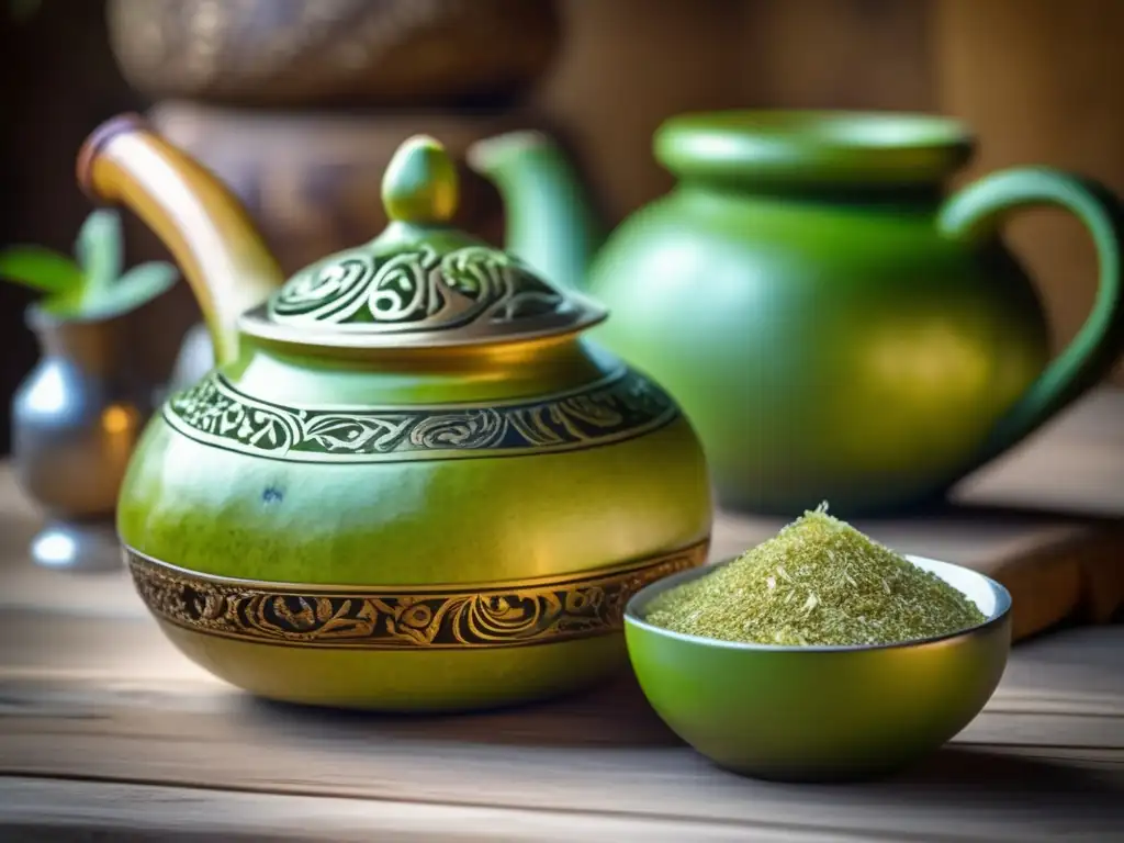 Gourd de mate con yerba, teapot vintage y efecto diurético del mate