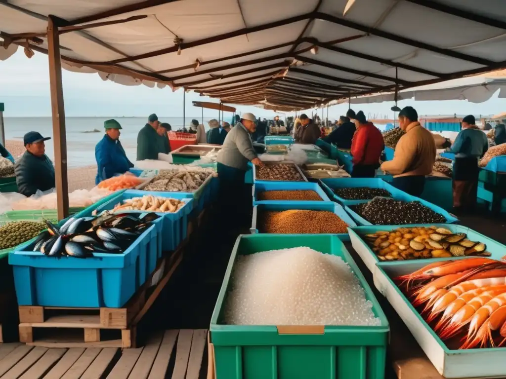 Mercado de mariscos en Río de la Plata con colores vibrantes y vendedores expertos (Mariscos para maridar con mate)