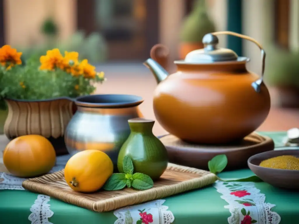 Mesa argentina con mate dulce: encanto tradicional en patio sereno