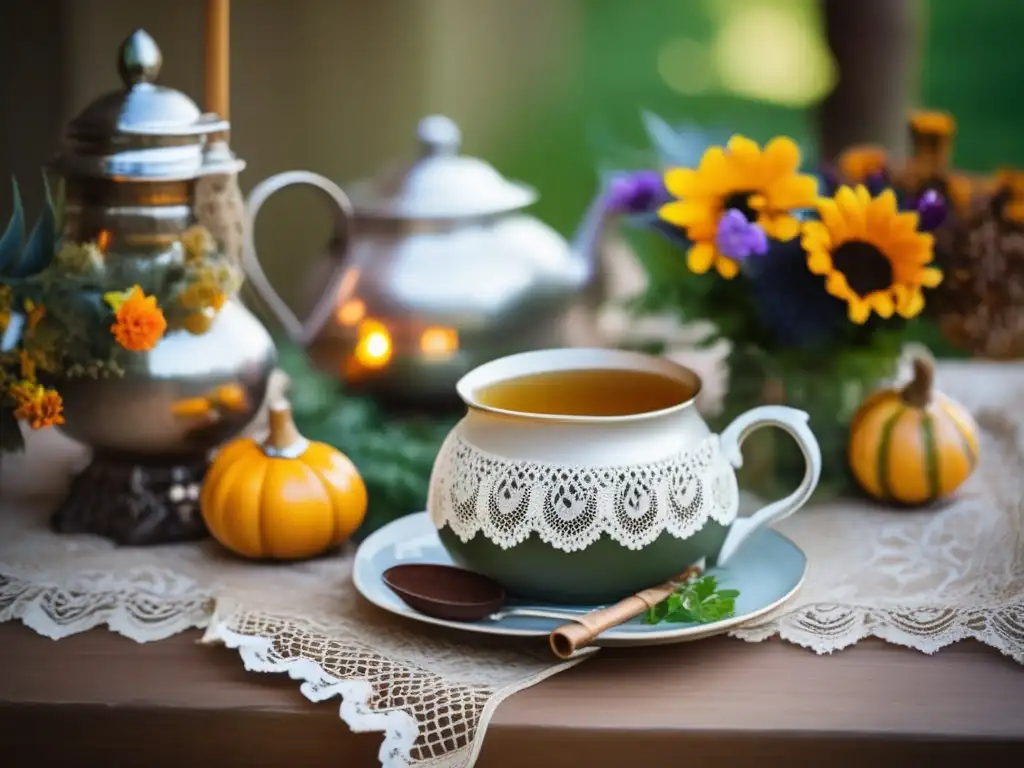 Una mesa bellamente decorada con temática de mate, con encajes delicados y tazas de té vintage llenas de mate caliente