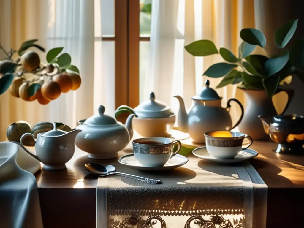 Elegante mesa de mate en estilo vintage Mesa elegante con mate, vajilla de plata y delicadas tazas de té: Gala del Mate - Tradición Rioplatense