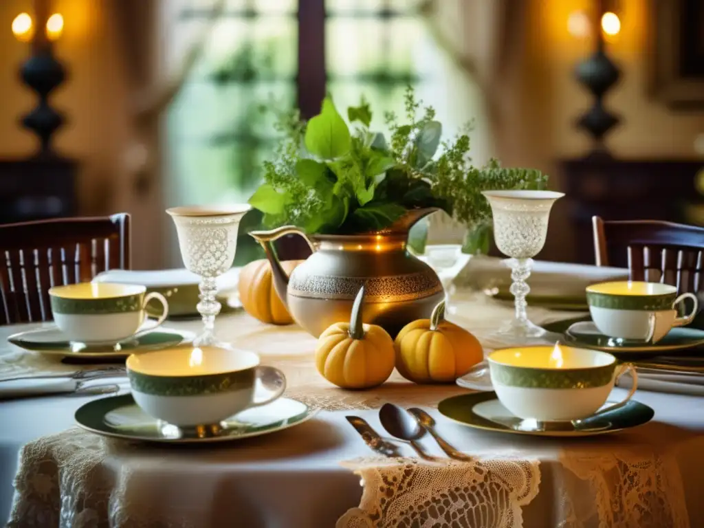 Elegante mesa de gala con mate rioplatense Mesa de gala con mantel de encaje, cubiertos antiguos y tazas de porcelana