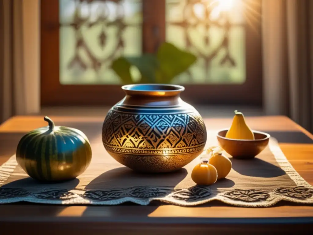 Mesa de madera antigua con mantel vintage y mate rioplatense - Leyendas yerba mate rioplatense