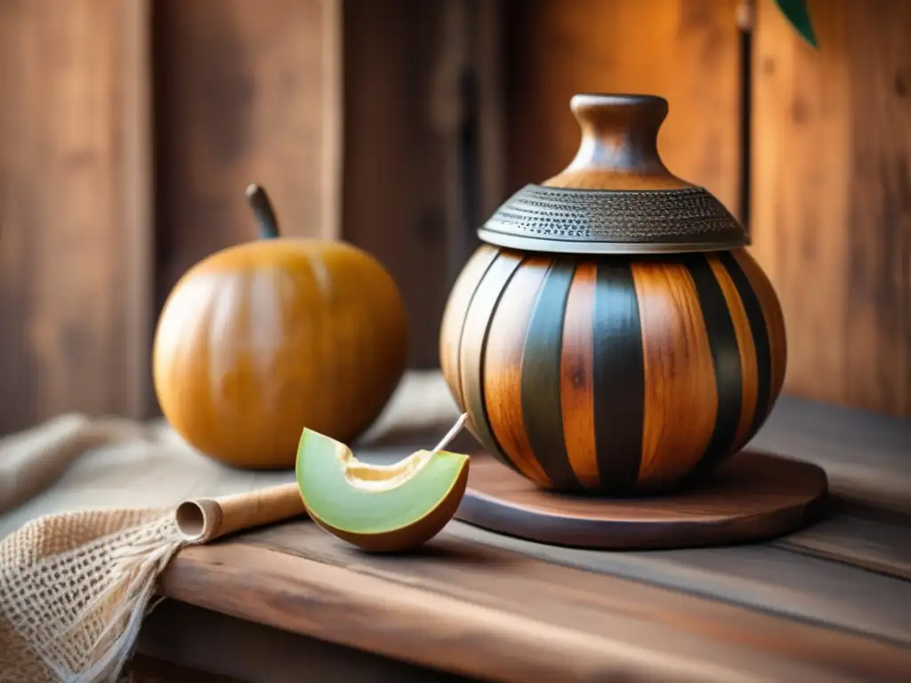 Mesa de madera antigua con mate tradicional, evoca la tradición del mate en la región rioplatense