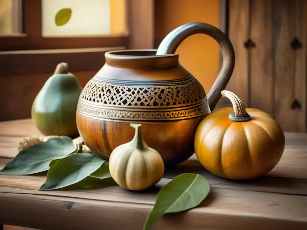 Mesa de madera antigua con mate, bombilla y yerba mate