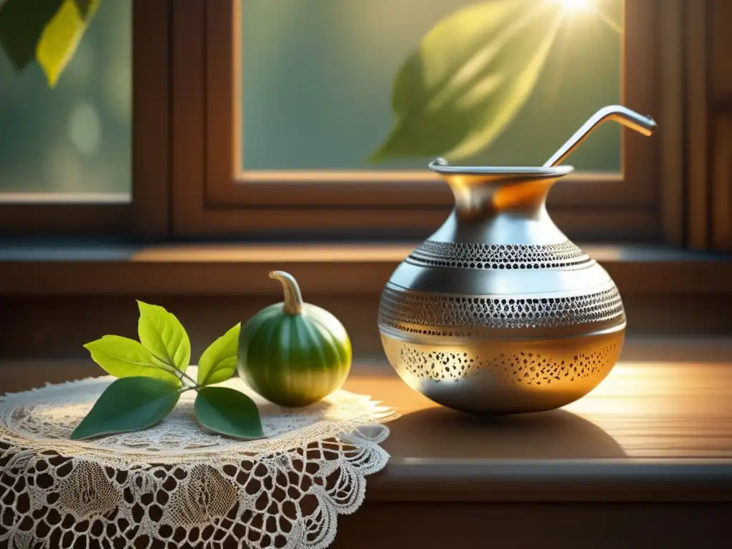 Mesa de madera antigua con mate y bombilla de plata en un mantel de encaje