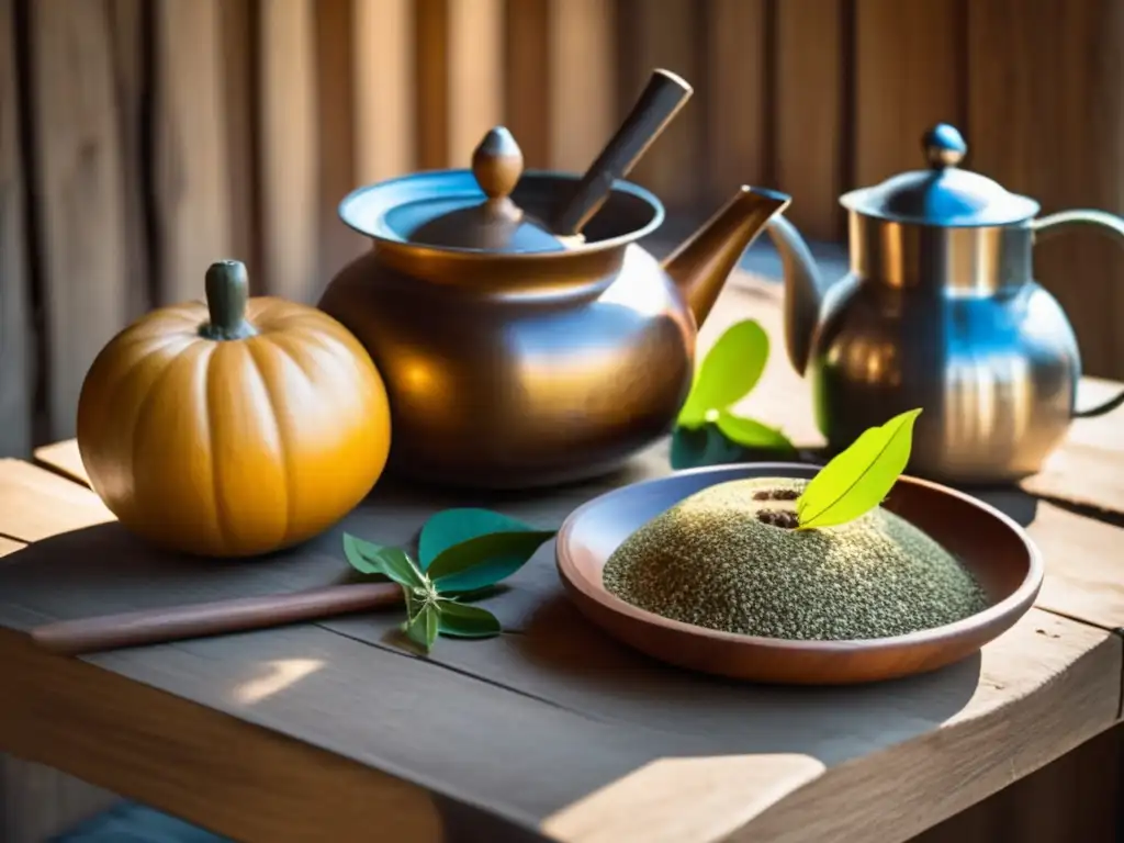 Mesa de madera antigua con mate tradicional rioplatense, bombilla, mate y hervidor vintage