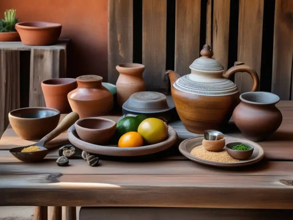 Mesa de madera antigua con mate y tradición: preservando la tradición del mate