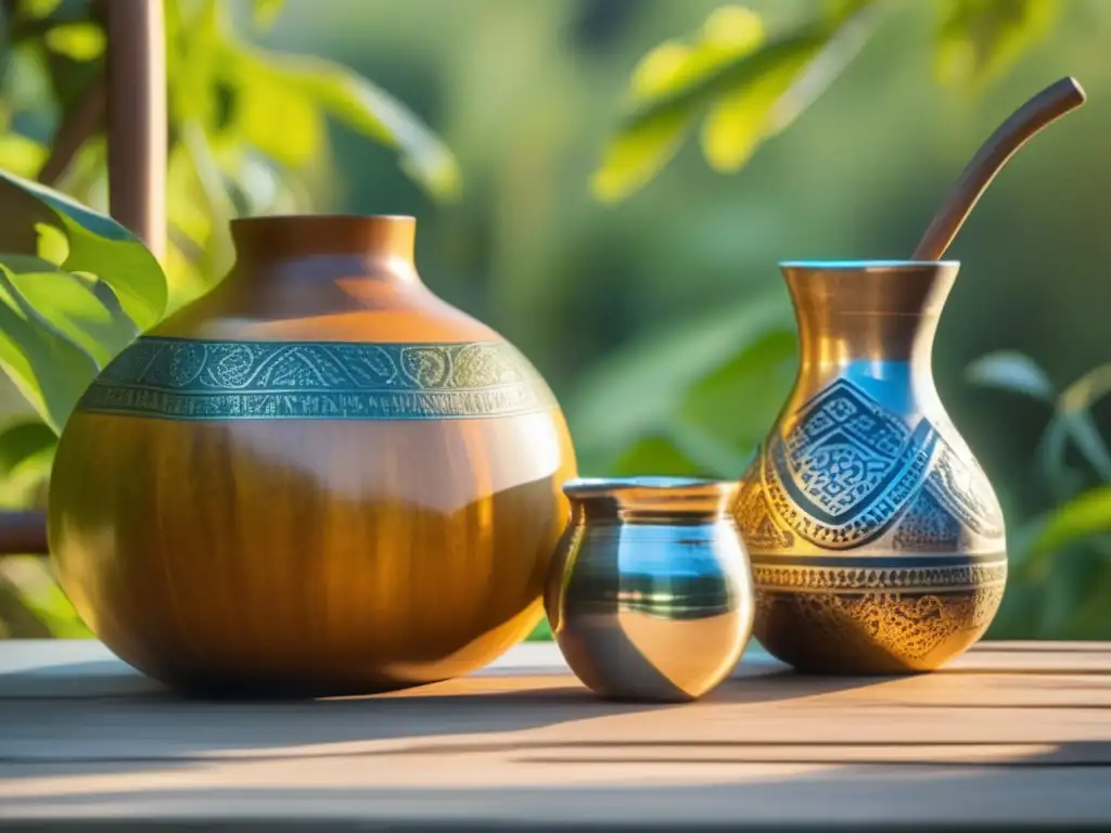 Mesa de madera antigua con mate y rituales indígenas de yerba mate rioplatense