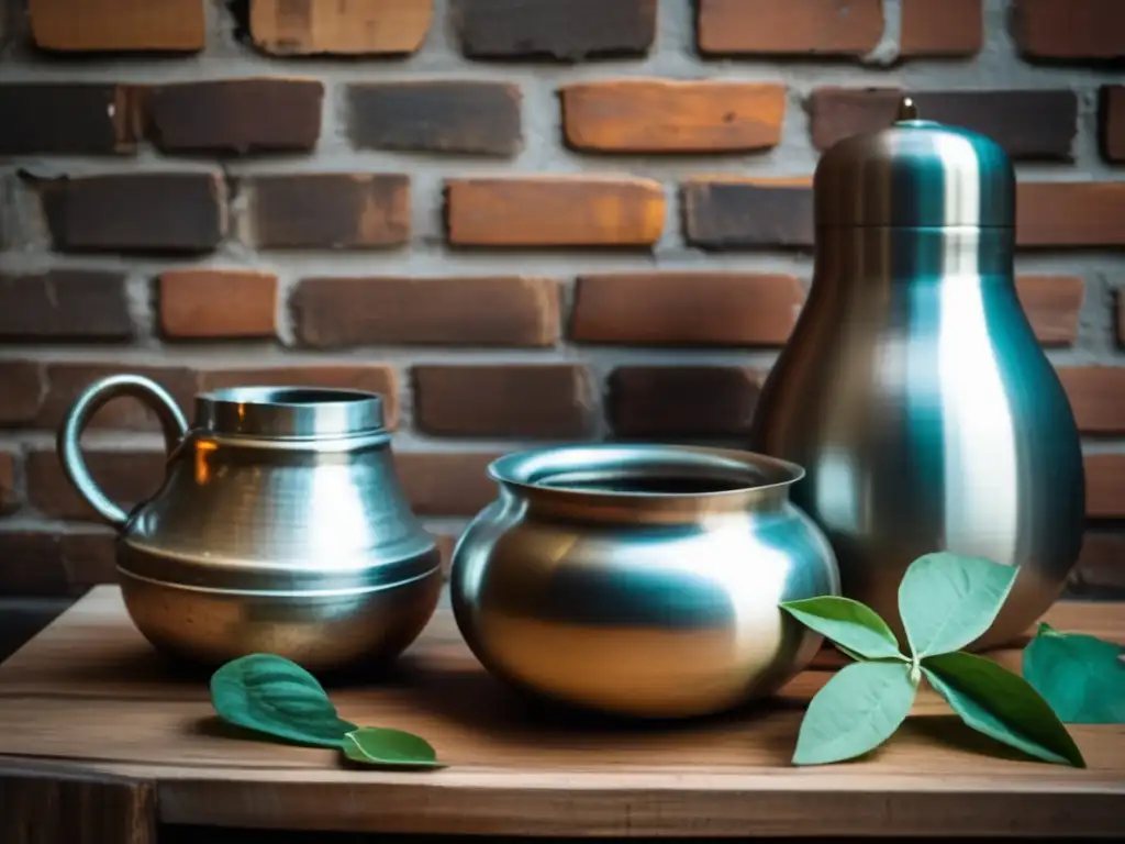 Mesa de madera antigua con mate y bombilla, en una pared de ladrillo, evocando una atmósfera acogedora