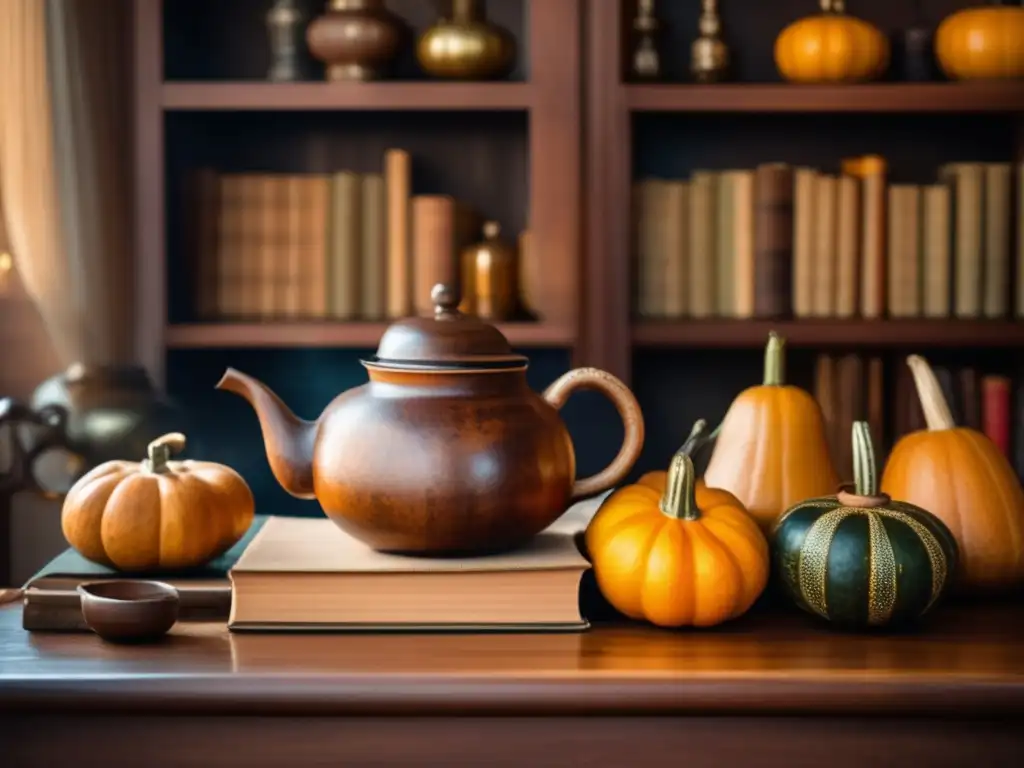 Mesa de madera antigua con mate, bombillas y pava