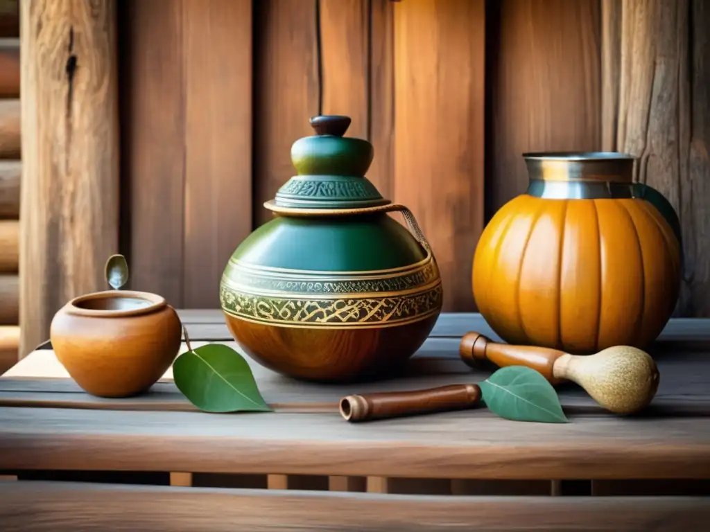 Mesa de madera desgastada con set tradicional de mate - Influencia del mate en Cortázar