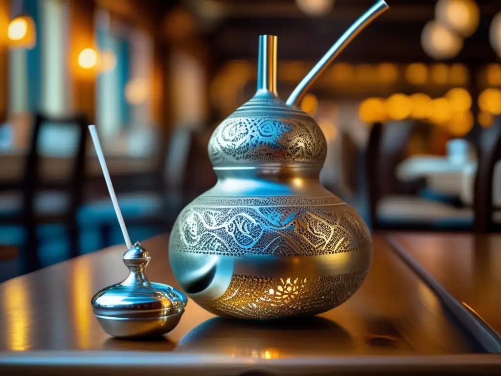 Mate en alta gastronomía: gourd, bombilla, mesa de madera, engravings, cultura indígena, restaurante elegante, luz cálida