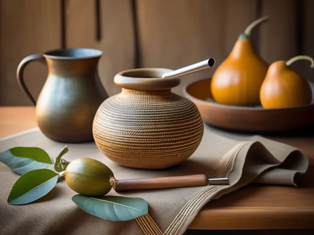 Mesa de madera con mate gourd, yerba mate y mantel rústico en tonos tierra