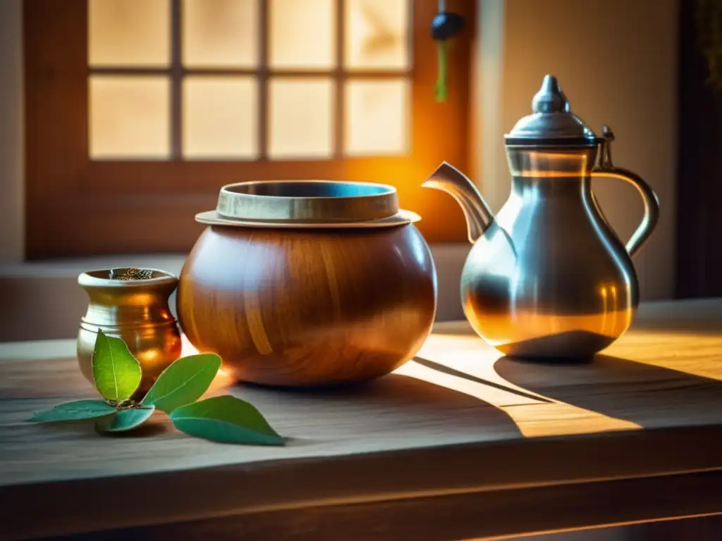 Mesa de madera con set de mate tradicional: gourd, bombilla, termo