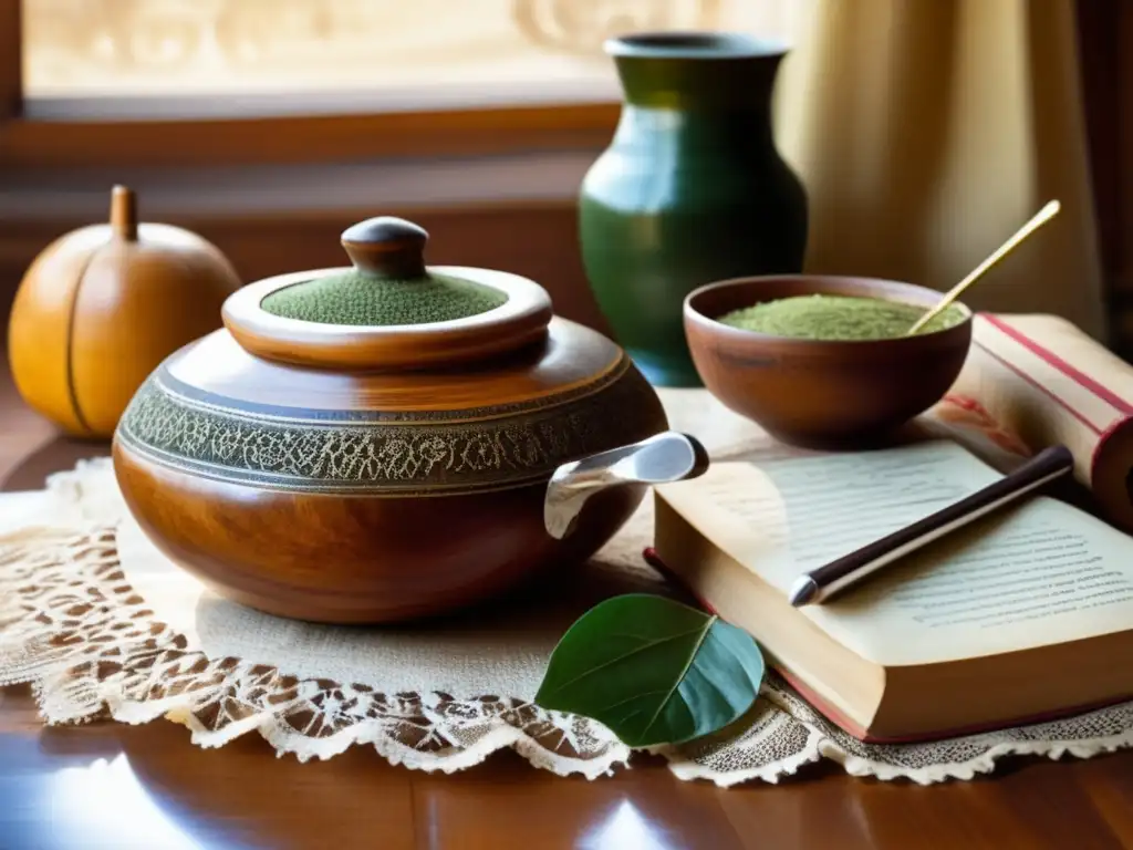 Mesa de madera con mate argentino, libros antiguos y mate gourd con bombilla