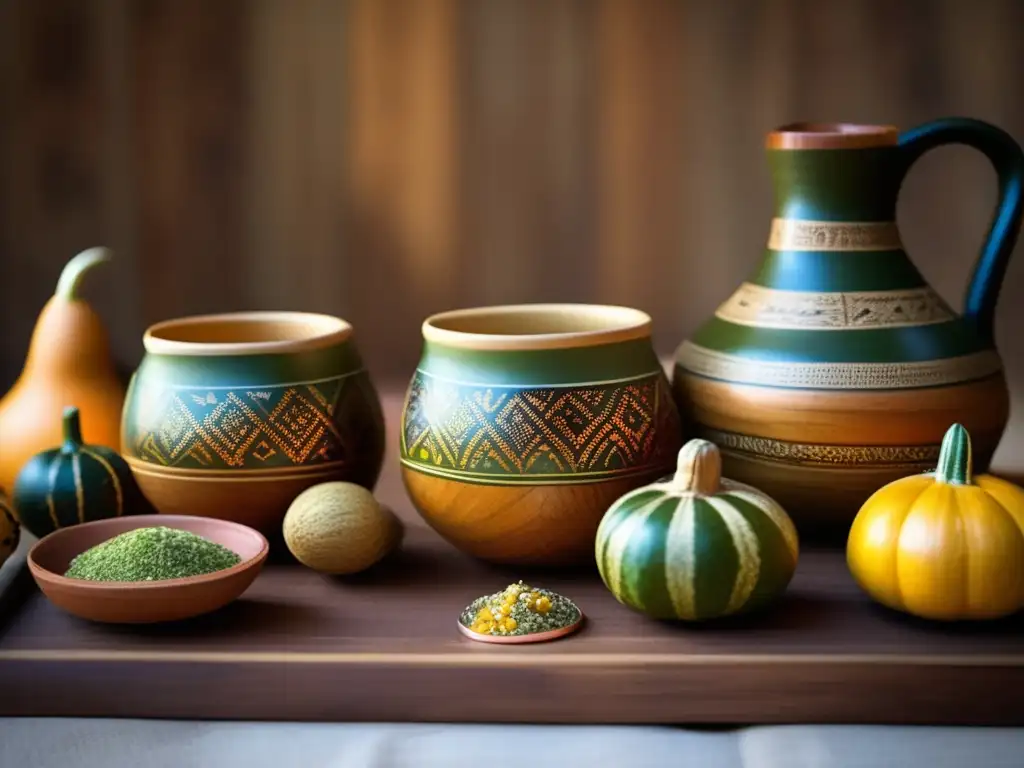 Mesa de madera con mate artesanal y yerbas compuestas