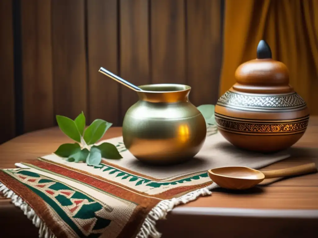 Mesa de madera con mate, bombilla y libros antiguos