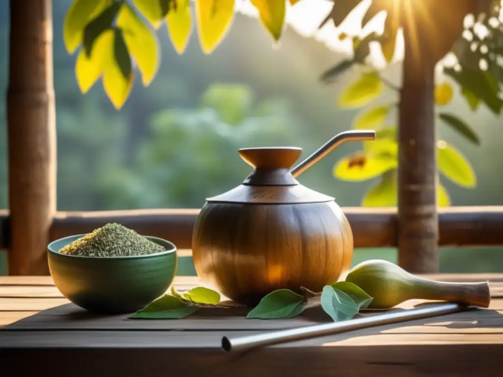 Mesa de madera con mate, bombilla y yerba mate en una cabaña rústica rodeada de naturaleza, integración del mate en terapias alternativas