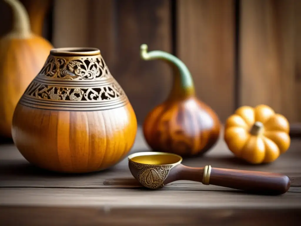 Tradición mate en la región rioplatense: gourd, bombilla, mesa de madera, carvings, mate dorado, conversación, nostalgia