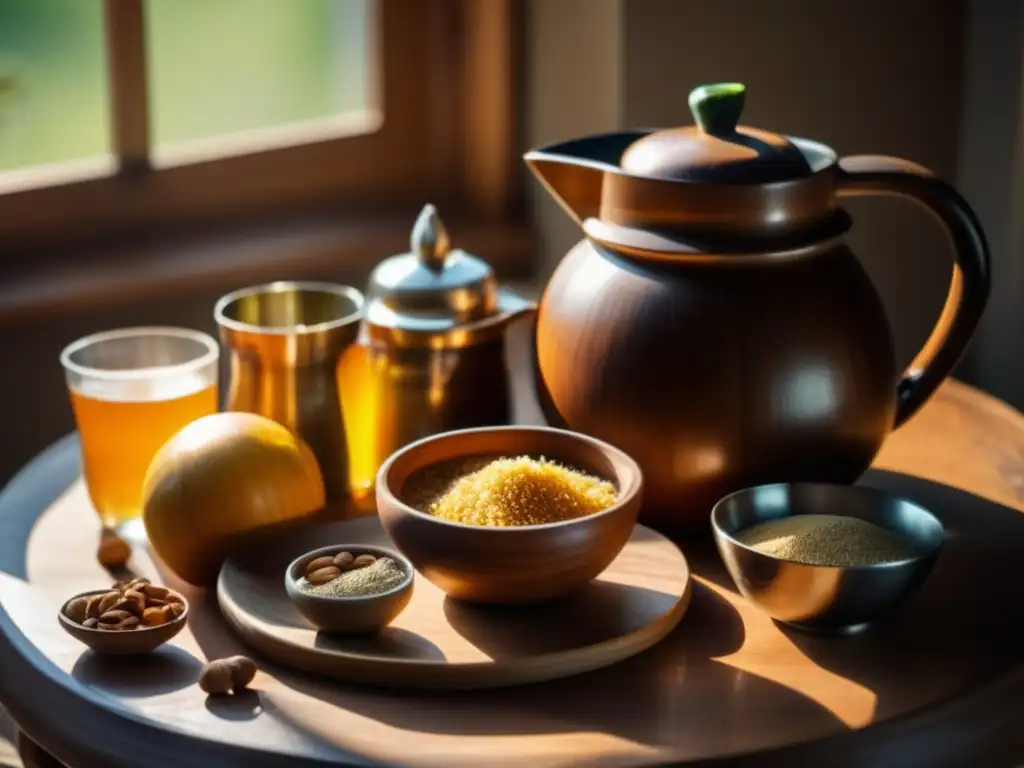 Mesa de madera con mate, frutas, frutos secos y utensilios de medición - Calorías del mate en dieta