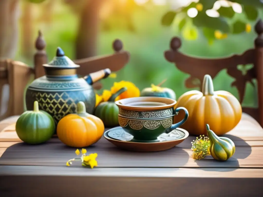 Mesa de madera con mate ornamental, naturaleza y tradición en 