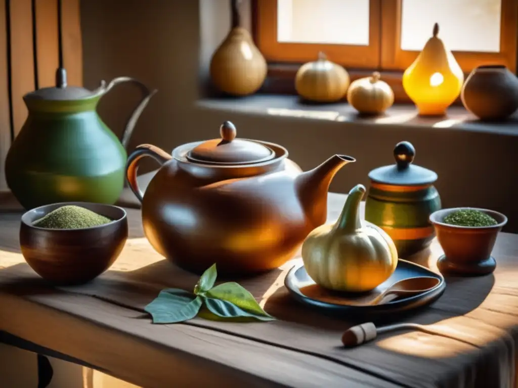 Mesa de madera con mate y yerba mate, resaltando beneficios psicológicos del mate tradicional