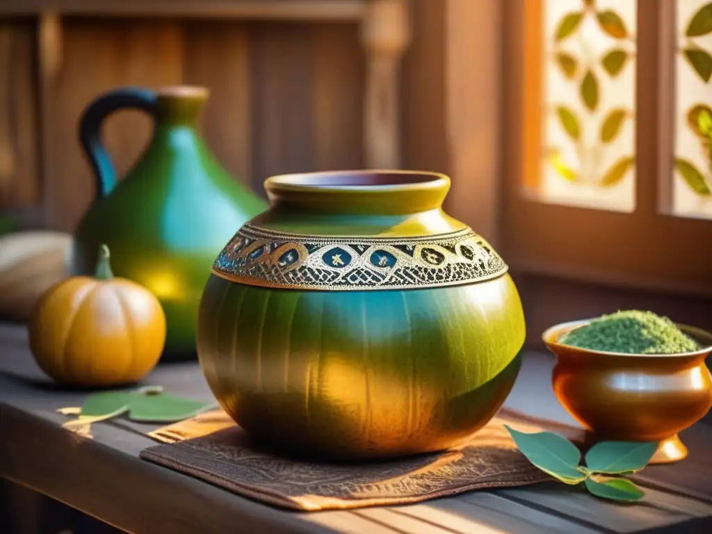 Mesa de madera rústica con mate tradicional, bañada en cálida luz dorada