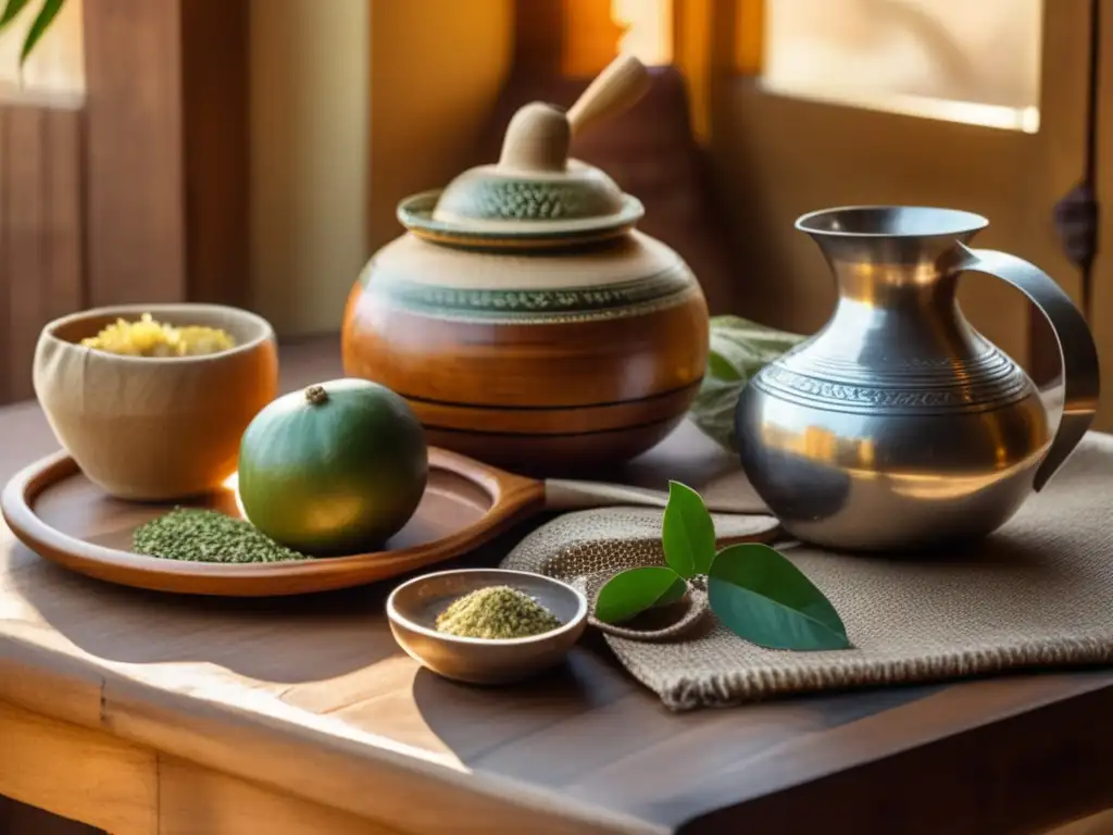 Mesa de madera rústica con yerba mate y accesorios tradicionales - Yerbas saborizadas puras o mezcla