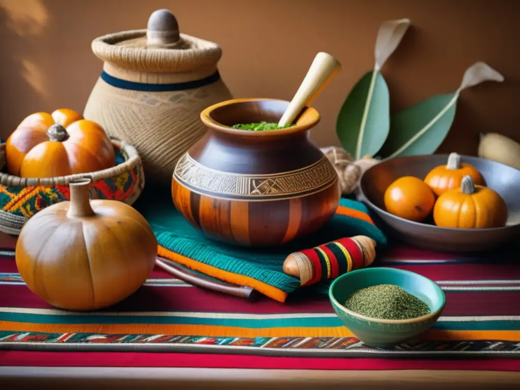 Mesa de madera tradicional con utensilios de mate y elementos relacionados - Origen histórico del mate en América