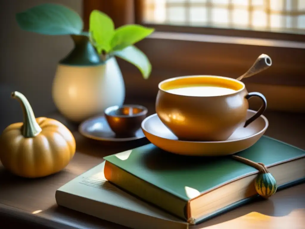 Mesa de madera vieja con mate y libro 