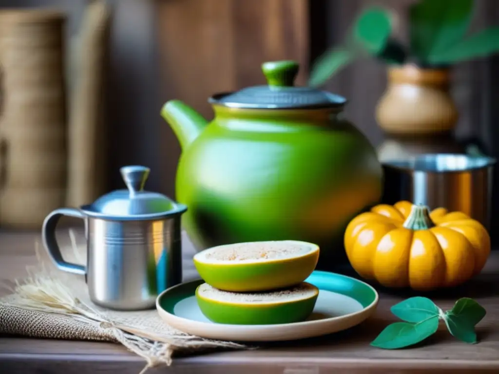 Mesa de madera vintage en una cocina rústica con mate, alfajores y elementos tradicionales - Síntomas alergia al mate manejo