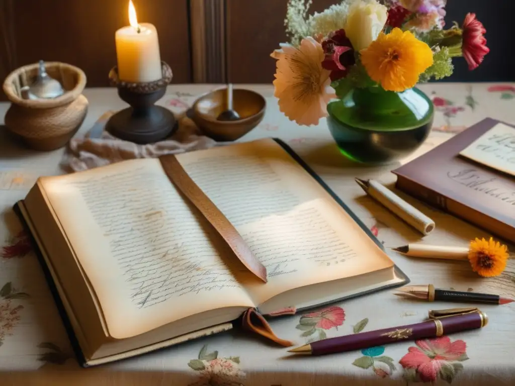 Escena nostálgica y acogedora Mesa de madera vintage con mantel floral, libro antiguo, herramientas artísticas, mate y bombilla
